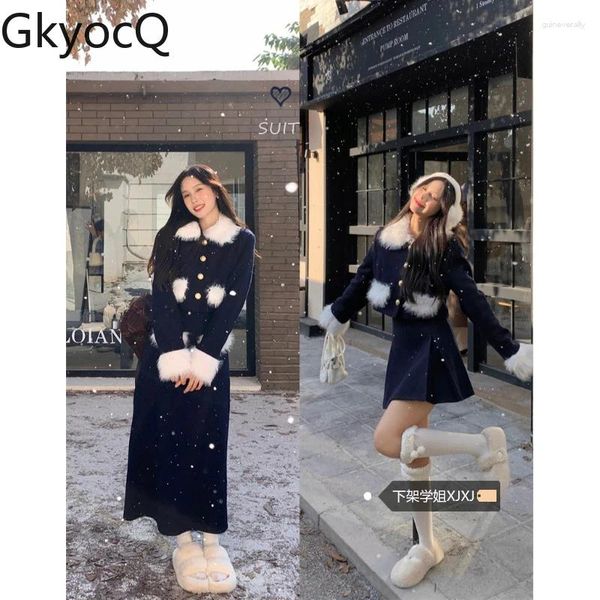 Arbeitskleider GkyocQ 2024 Koreanische Mode Frauen Zweiteilige Sets Pelz Revers Kragen Kurze Jacke Hohe Taille Eine Linie Lange Rock Tweed Anzug Weibliche