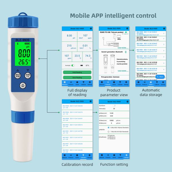 Smart 5 em 1 Salinidade EC TDS Temp pH Medidor Bluetooth Qualidade de qualidade Ph Tester Controle de aplicativos para aquário Piscina de peixe Tanque de peixes