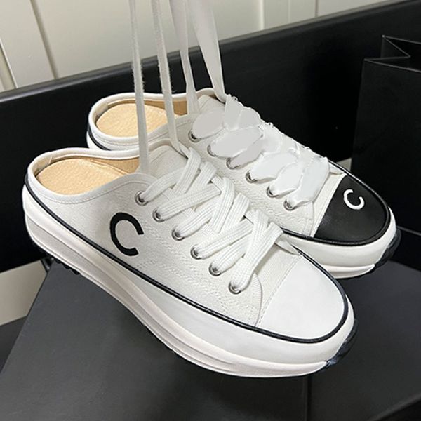 Casual meia chinelos tênis plataforma clássica lona sapatos de couro treinamento meia chinelo clássico mulher lazer baotou chinelos luxo couro casual renda sapato