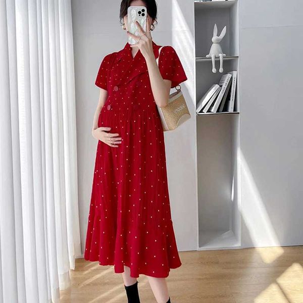 Umstandskleider Schwangere Frauen Kleid Sommer Koreanische Polka Dot Kurzarm Passende Hohe Taille Mode Schwangere Frauen KleidungL2403