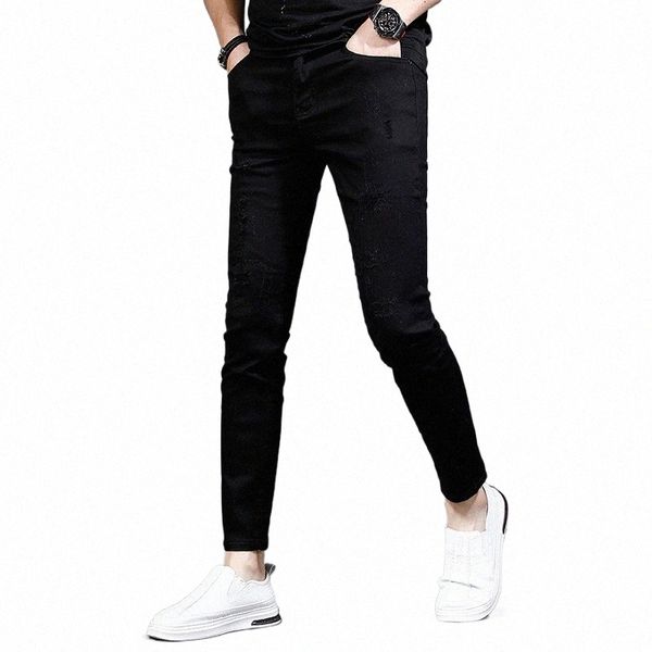 Летние черные рваные джинсы Мужская уличная одежда Повседневные легкие облегающие брюки до щиколотки Джинсовые брюки R13W #