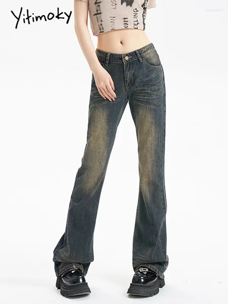 Jeans da donna Yitimoky Blue Flare per donna Pantaloni in denim graffiato moda vintage a vita alta streetwear dritto Mop