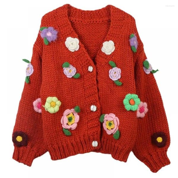 Malhas femininas 2024 primavera 3d flor bordado com decote em v lanterna manga suéteres moda vintage solto vermelho malha cardigans casacos de luxo topos