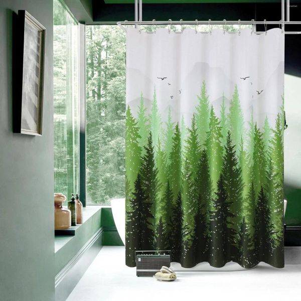 Chuveiro cortinas verde cortina conjunto branco à prova de água tecido natureza árvore montanha madeira terra decorativa banheiro banho decoração