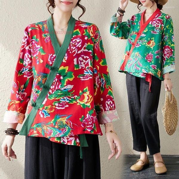 Этническая одежда 2024, китайская традиционная блузка, женские улучшенные топы ханьфу, национальный цветочный принт с v-образным вырезом, народная восточная свободная куртка