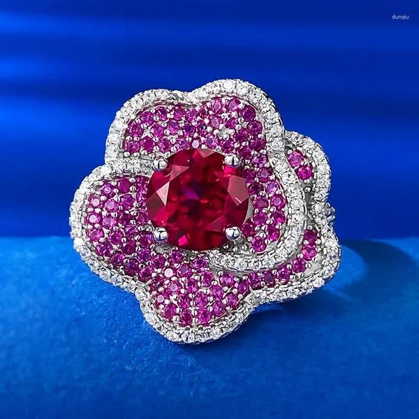 Anéis de cluster charme grande flor rubi diamante anel real 925 prata esterlina festa de casamento banda para mulheres nupcial jóias de noivado