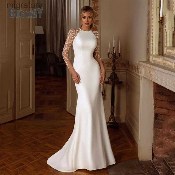 Abiti sexy urbani Elegante abito da sposa a sirena Donna 2024 Maniche lunghe In pizzo Illusion Indietro O-Collo Abito da sposa in raso Sweep Train Abiti da Noiva yq240329