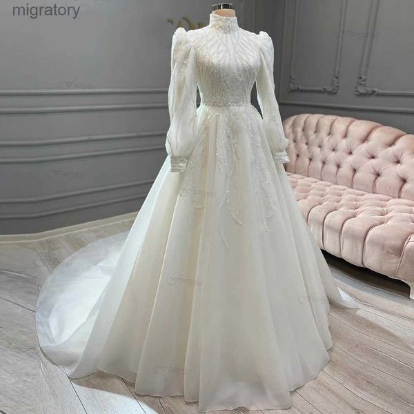 Urban Sexy Dresses Funyue Muslim Langarm Braut Hochzeitskleid Neu 2023 Stehkragen A-Linie Organza Perlen Abito Da Sposa Dubai Luxus Brautkleider yq240329