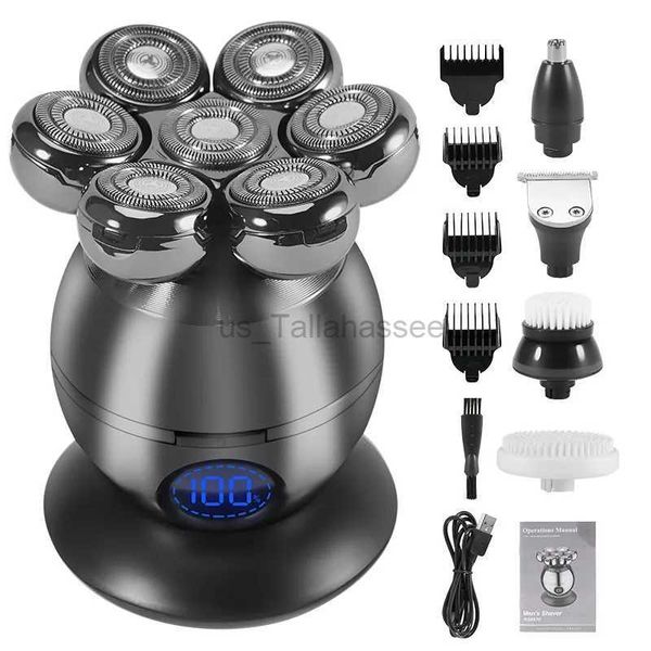 Barbeadores elétricos 5 em 1 7D Kit de barbeadores de cabeça careca recarregável para homens USB LED Display Cabeças de barbear elétricas Barba Orelha Nariz Cabelo Aparador facial 240329