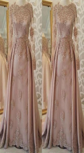 2019 Mütevazı Uzun Kollu Gece Elbise Zarif Arapça Dubai Bir Çizgi Yumuşak Pembe Tatil Kadınlar Giymek Resmi Parti Prom Plus Boyut3910974