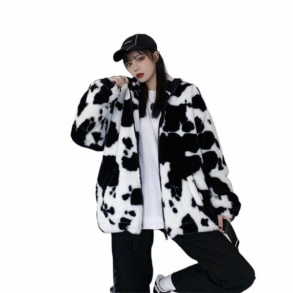 Koreanische Winter Neue Fi Mantel Harajuku Kühe Druck Lose Volle Hülse Leder Jacke Vintage Flanell Warm Halten Cott Kleidung 55o0 #