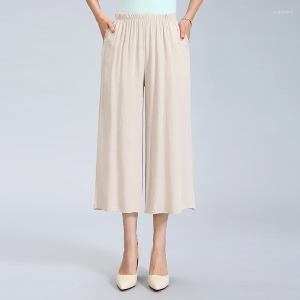 Женские брюки, модные повседневные широкие брюки, летние льняные эластичные свободные брюки-кюлоты с высокой талией, укороченные