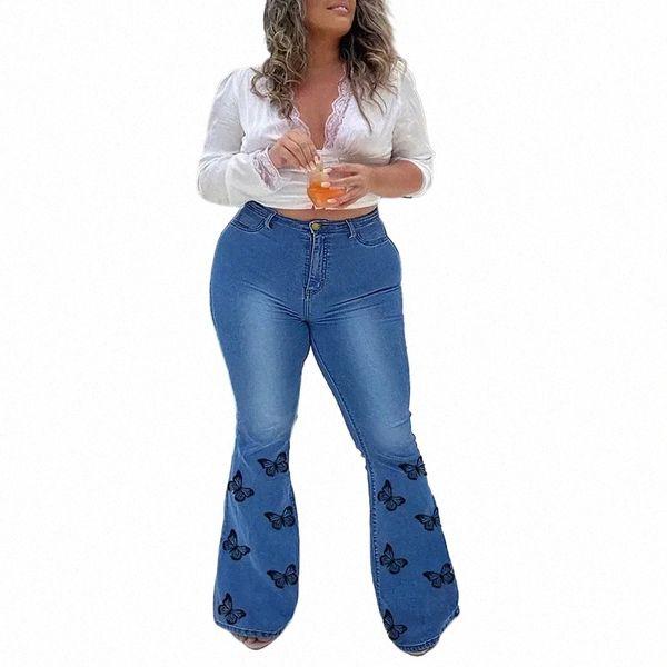 Plus Size Butter Fly Print Indie Aesthetic Flare Jeans 5XL Vintage Y2K Stretchy Skinny Melody Denim Pants Wide Leg Bell Bottoms B6N9 #