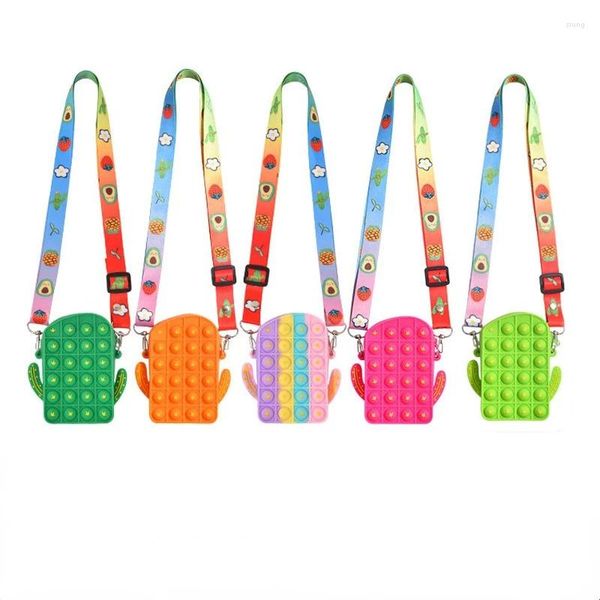 Sacos de ombro saco de silicone natal empurrar bolhas brinquedo dos desenhos animados cactus crossbody moeda bolsa antiestresse carteira senhoras meninas dimple