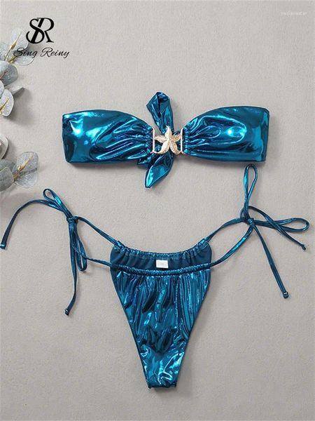 Conjuntos de sutiãs Singiny Mulheres Férias Estilo Sensual Bikini Ternos Senhoras Strapless Lace Up Bainha Roupa Interior Moda Shinny Sexy Maiôs