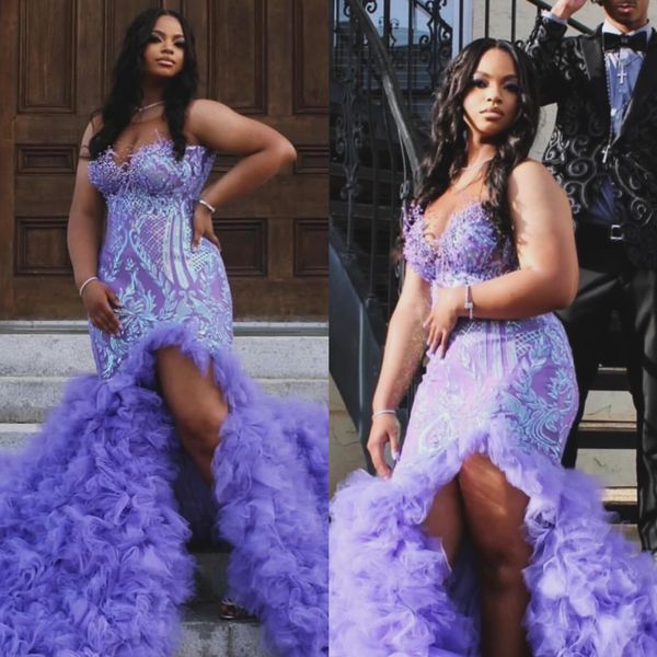 Glamourosa lavanda sereia vestidos de noite para mulheres negras contas lantejoulas tule saia inchada vestido de baile africano puro pescoço vestidos divididos para ocasiões especiais