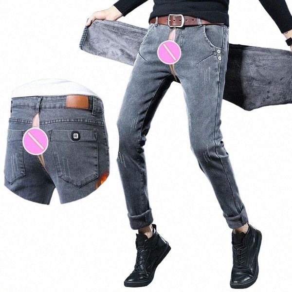 inverno fidanzato jeans strappati per gli uomini in pile pantaloni sesso all'aperto invisibile sexy con apertura sul cavallo slim fit pantaloni cargo in denim elasticizzato s37z #