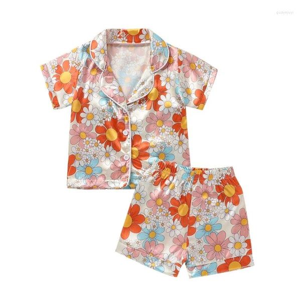 Conjuntos de roupas Criança Crianças Meninas Pijama De Seda Flor Manga Curta Botão Camisa Top Shorts Verão Floral Cetim Pijama