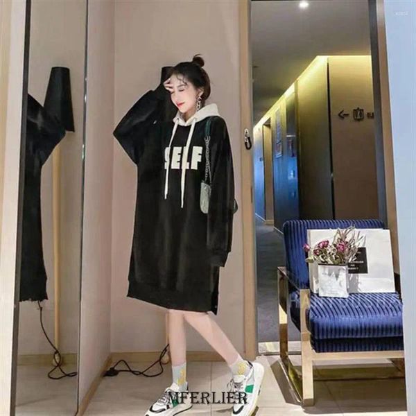 Casual Kleider Plus Größe 5XL 150 kg Winter Langarm Fleece Kleid Für Frauen Mit Kapuze Verdicken Warme Große Vestidos