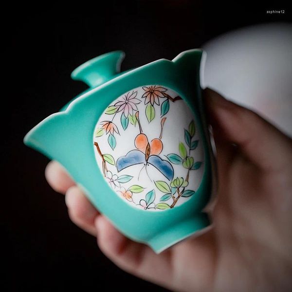 Conjuntos de chá turquesa janela pintada à mão flor coberta tigela teacup única cerâmica chinesa com tampa não-chá infusor