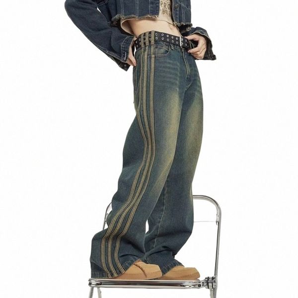 Amerikanischer Stil Retro W To Do Old Side Gestreifte Baggy Jeans Fi High Street Casual Micro-Trompete Mop Hohe Taille Hose Gothic m3br #