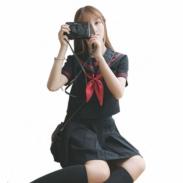 Japanischer Korea-Stil JK Schuluniform Sailor Dr Anzug Mädchen ShortLg Ärmel Hölle Faltenrock Akademie Anime Kawaii Cosplay O7tu #