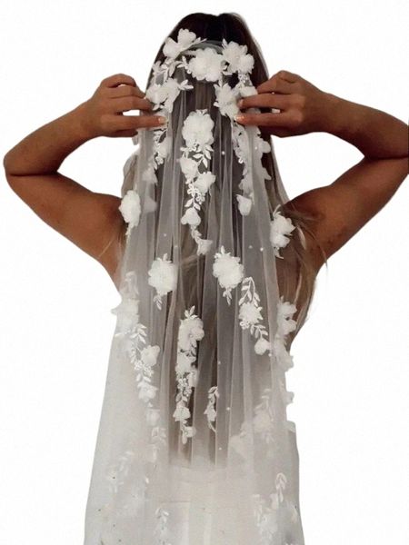 Brautschleier Elfenbeinweiße Perlen Blütenblätter 3D Blumenhochzeitsschleier Lg Blumenschleier mit Kamm Romantische Stickerei Kathedrale k0FQ #