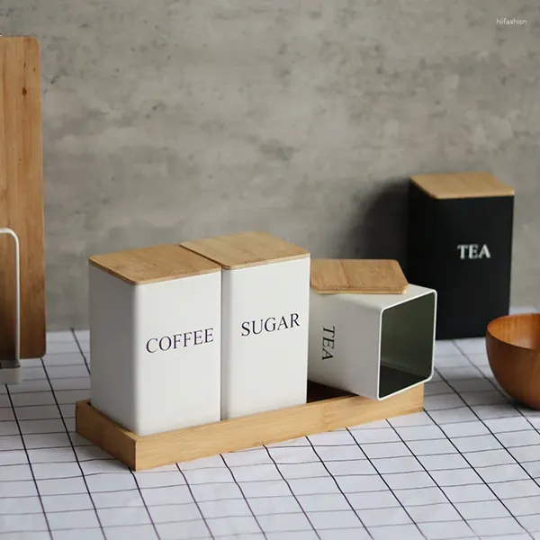 Frascos de armazenamento de grãos de café com tampa de bambu estilo simples potes de açúcar de chá de metal podem suprimentos de cozinha