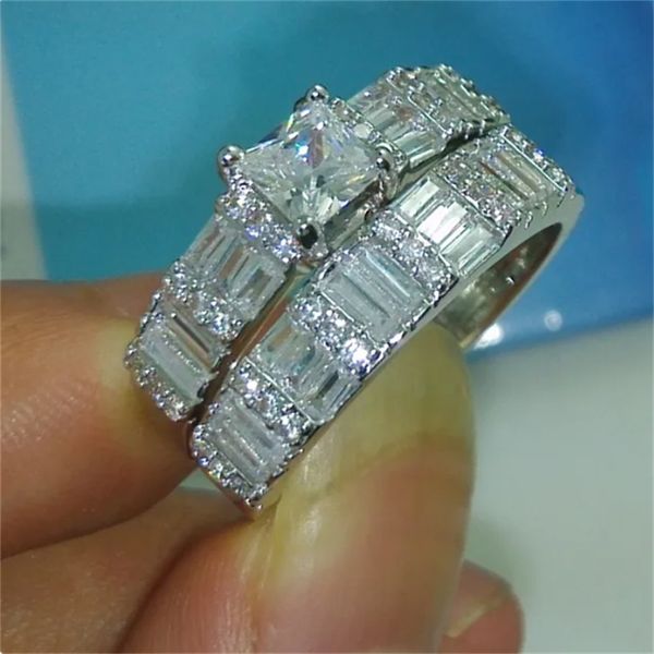 Conjunto de anéis de compromisso com corte de princesa, zircônia branca, ouro branco, festa de casamento, anéis para mulheres, joias de noivado, presente