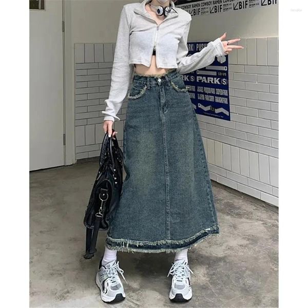 Etekler vintage y2k uzun denim kadın basit gündelik maksi jean faldas mujer sokak kıyafeti Kore moda kolej kızları