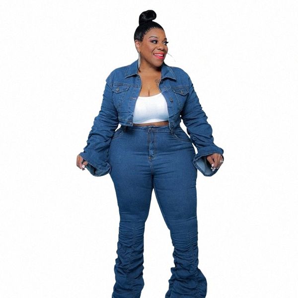 Plus Size Sets Kleidung Frauen Zweiteiler Herbst Outfits Lg Sleeve Denim Mantel und Jeans Stacked Hose Dropship Großhandel T4Yt #