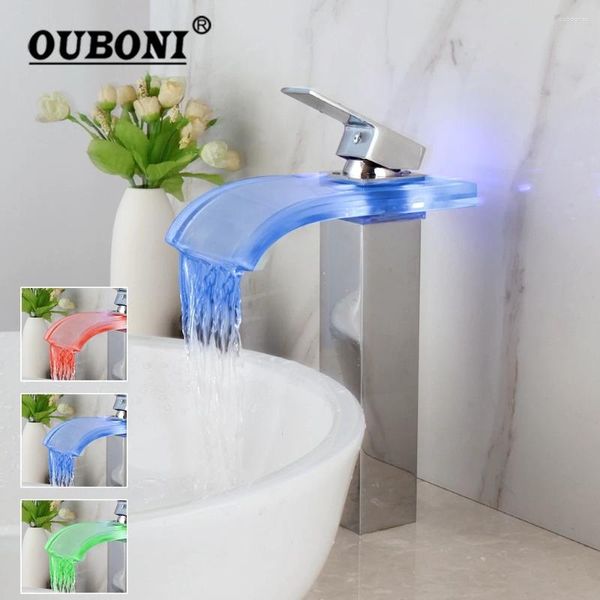 Rubinetti per lavandino del bagno OUBONI Lavabo a cascata Luce a LED di lusso Cromata Nessuna necessità di batteria Rubinetto per montaggio su piano Rubinetto miscelatore Torneira monocomando