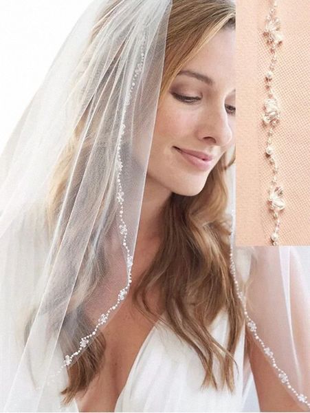 branco / Lvory 1 Tier Fingertip Wedding Veils Crystal Pearl véu de noiva com pente acessórios de noiva Velo De Mantilla Z1Ko #