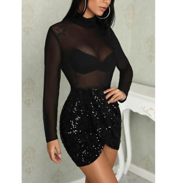 Hirigin Sommer Frauen Sexy SeeThrough Mesh Langarm Rollkragen Pailletten Bandage Schwarz Kurze Mini Kleid Nachtclub Sex Tragen Casua5375497