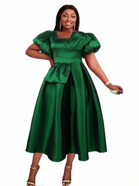 Abito da ballo con maniche a sbuffo Dres Plus Size Elegante donna a vita alta pieghettato Verde scuro Ruffles Shiny Midi Evening Party Outfits 136s #