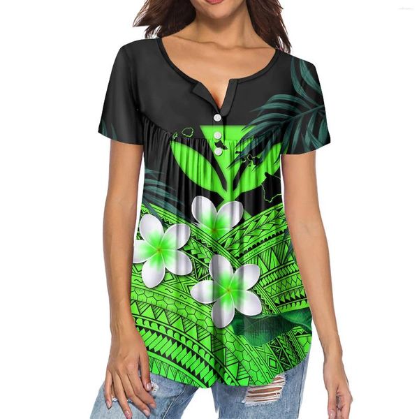 Mulheres camisetas Hycool verde plumeria design moda mulheres e tops botão personalizado para baixo blusas para senhoras pescoço quadrado chiffon