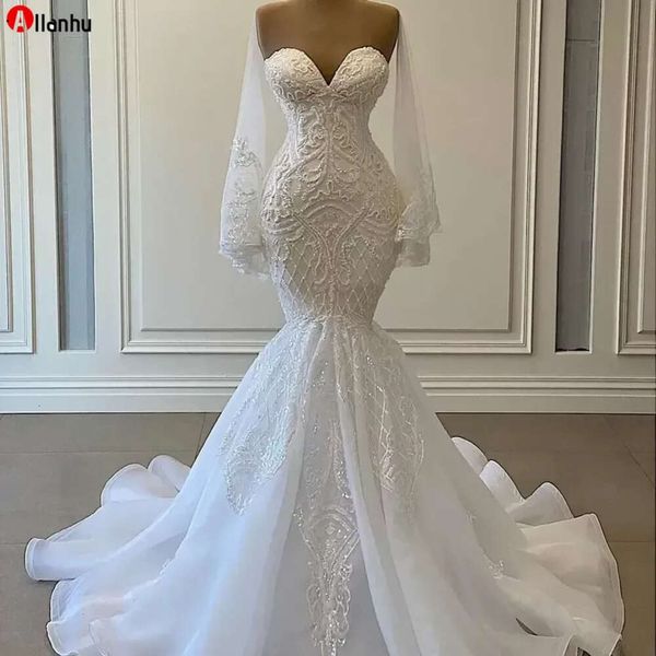 Elegante weiße Meerjungfrau Brautkleider Brautkleider Perlen Spitze Applikation Nigerian Arabisch Hochzeitskleid Robe De Mariee Bfg
