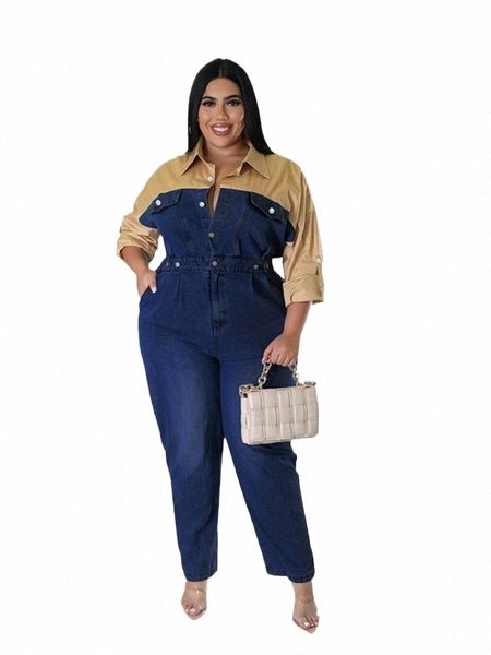 Macacão solto Mulher Plus Size Denim Macacão Lg Manga Cott Patchwork Denim One-piece Jeans Suit Drop Ship Atacado E3Rr #