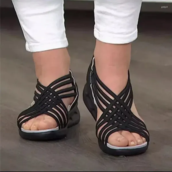 Модельные туфли, большие размеры 43, сандалии на танкетке для женщин, с открытым носком, с узким ремешком, плетеный полый дышащий каблук, римская обувь Sandalias Mujer
