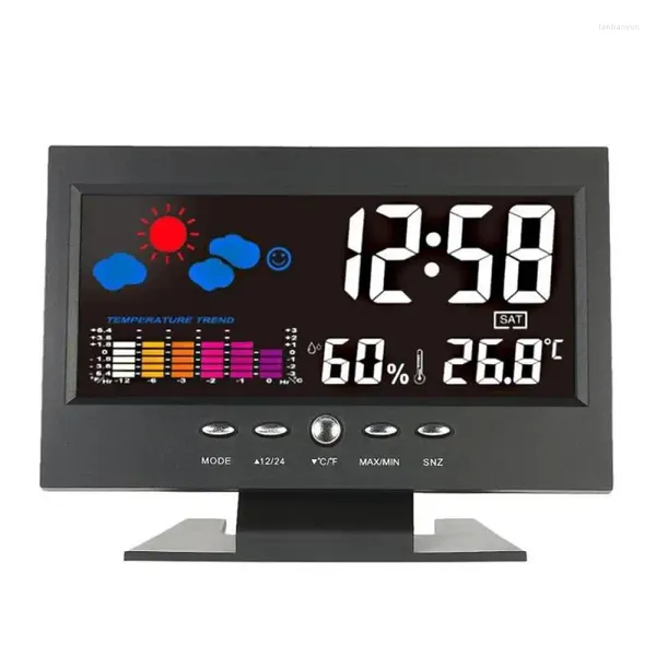 Orologi da tavolo Orologio digitale Igrometro Stazione meteorologica Allarme Indicatore di temperatura Calendario LCD colorato ad attivazione vocale