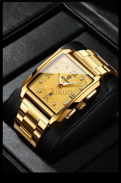 Наручные часы BINBOND Роскошные золотые часы Мужские квадратные Япония Кварцевые из нержавеющей стали Водонепроницаемые спортивные автоматические наручные часы с датой Relogio Masculi 24329