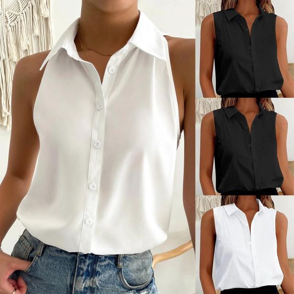 Camicette da donna Camicia senza maniche abbottonata Tinta unita Casual Allentata con scollo a V Canotte per T-shirt estive Lavoro Office Lady