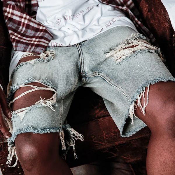 Verão rasgado homens shorts em linha reta solto mendigo buraco denim high street hip hop masculino jeans 240311