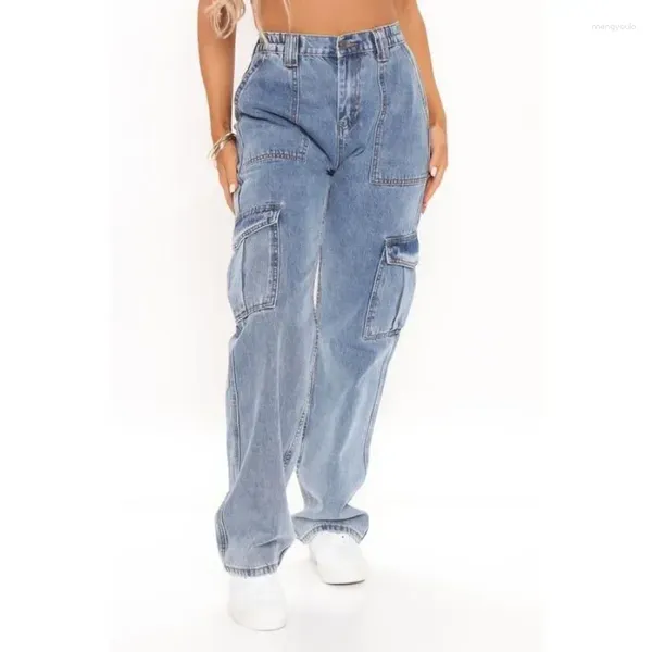 Calças de brim femininas largas calças jeans streetwear workwear multi-saco tendência cintura alta carga feminina elástica calças soltas