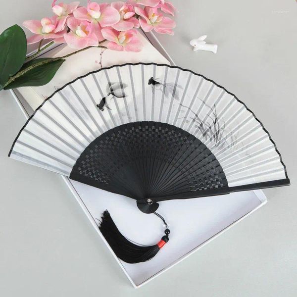 Estatuetas decorativas estilo chinês retro dobrável ventilador artesanal verão feminino mão pintura portátil festa dança seda abanicos para boda