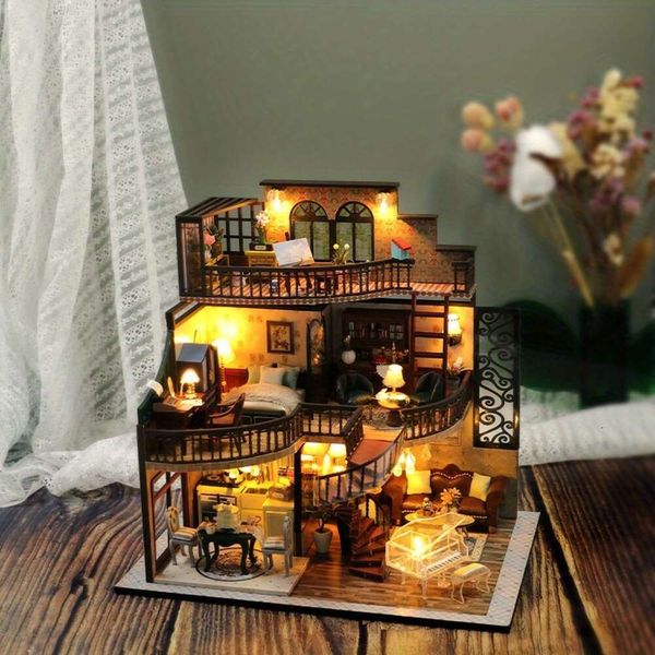 Natal criativo diy modelo montagem pequeno loft retro decoração 3d casa de boneca presente feito à mão