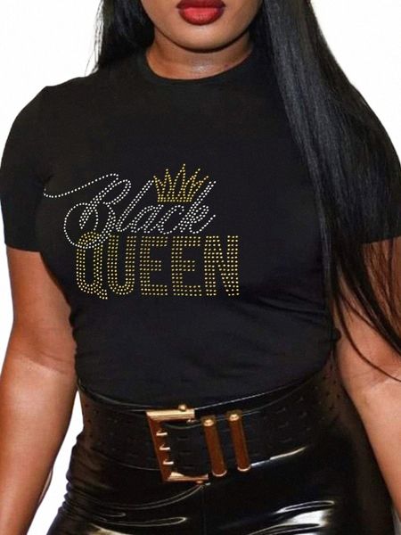 Lw Plus Size Rhinste Black Crown Queen T-shirt Casual Letter Print T-shirt 2023 Verão Em Torno Do Pescoço Harajuku Y2k Top R23c #