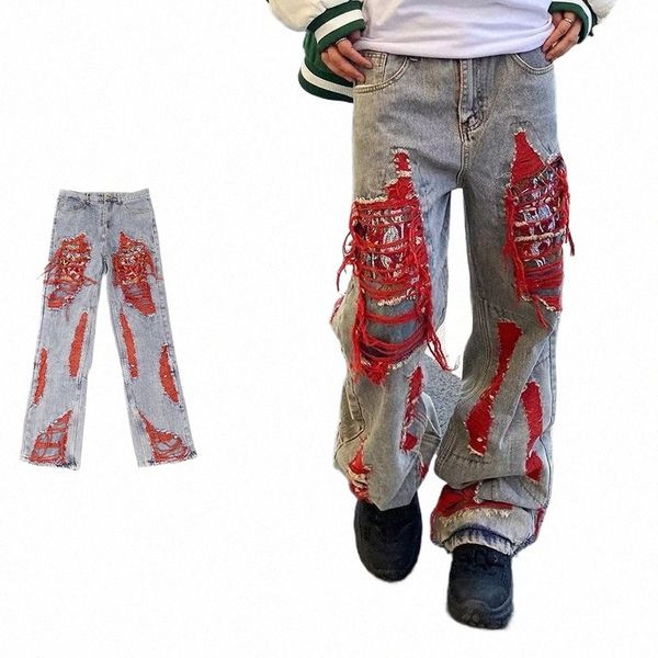 Hip Hop Borla Buraco Jeans Homem Mulher High Street Casual Baggy Cowboy Calças Y2K Gótico Retro Calça Reta Perna Larga Calças Jeans Q1or #