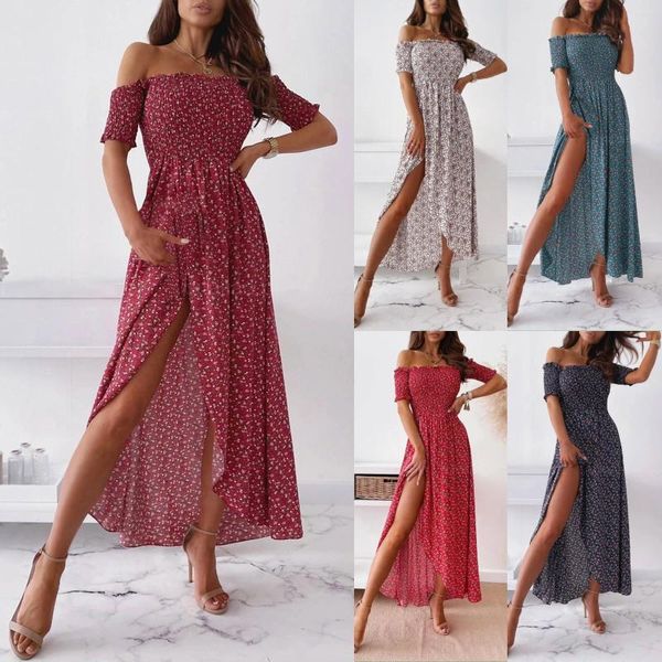 Parti Elbiseleri Seksi Straplez Beach Yaz Elbisesi Vintage Sundress Bohemian Maxi Robe Femme Boho Çiçek Kadınlar Ayrılmış Uzun Vestidos