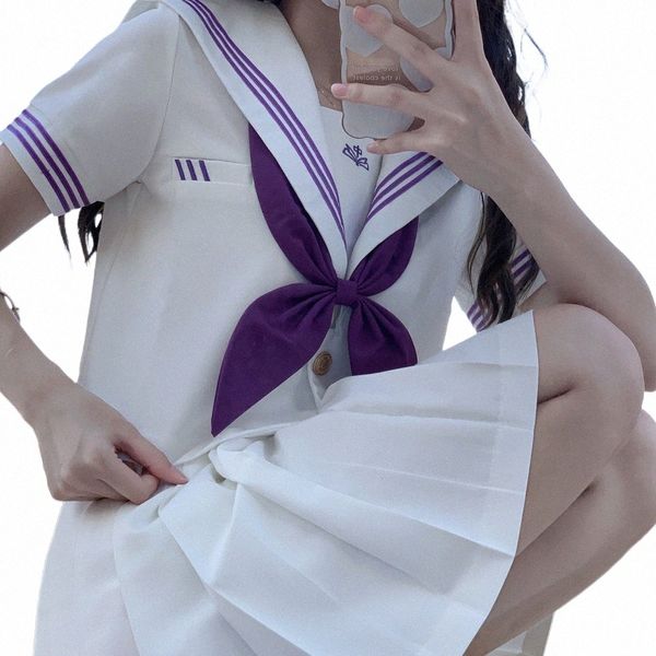 Branco Roxo JK Uniforme Seifuku Japonês High School Sailor Suit Set Coreano Estudante Sailor Blusa Cosplay Meninas Saia Plissada 94gT #